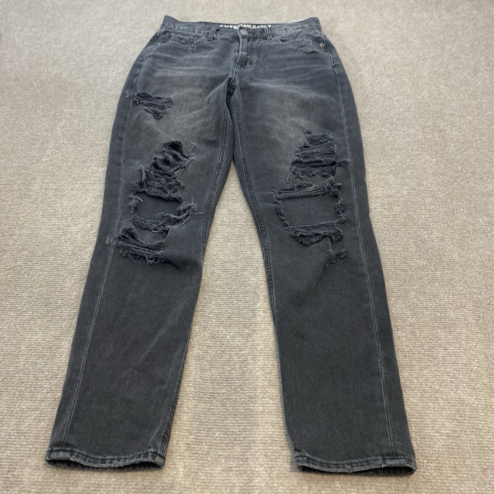 American Eagle Jeans Women's 2 Mom Jean Denim Faded Black Distressed High Rise